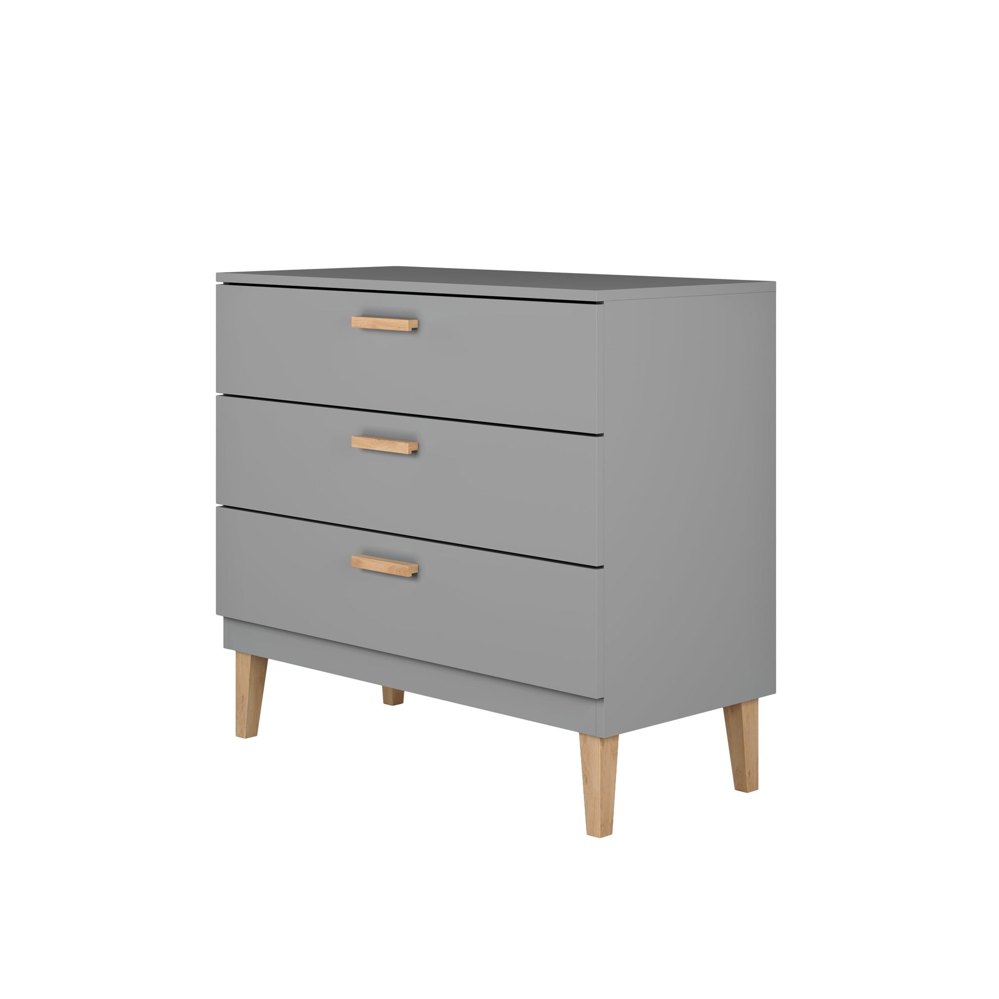 Kubi grey chest of drawers front view showing three drawers with oak handles and legs