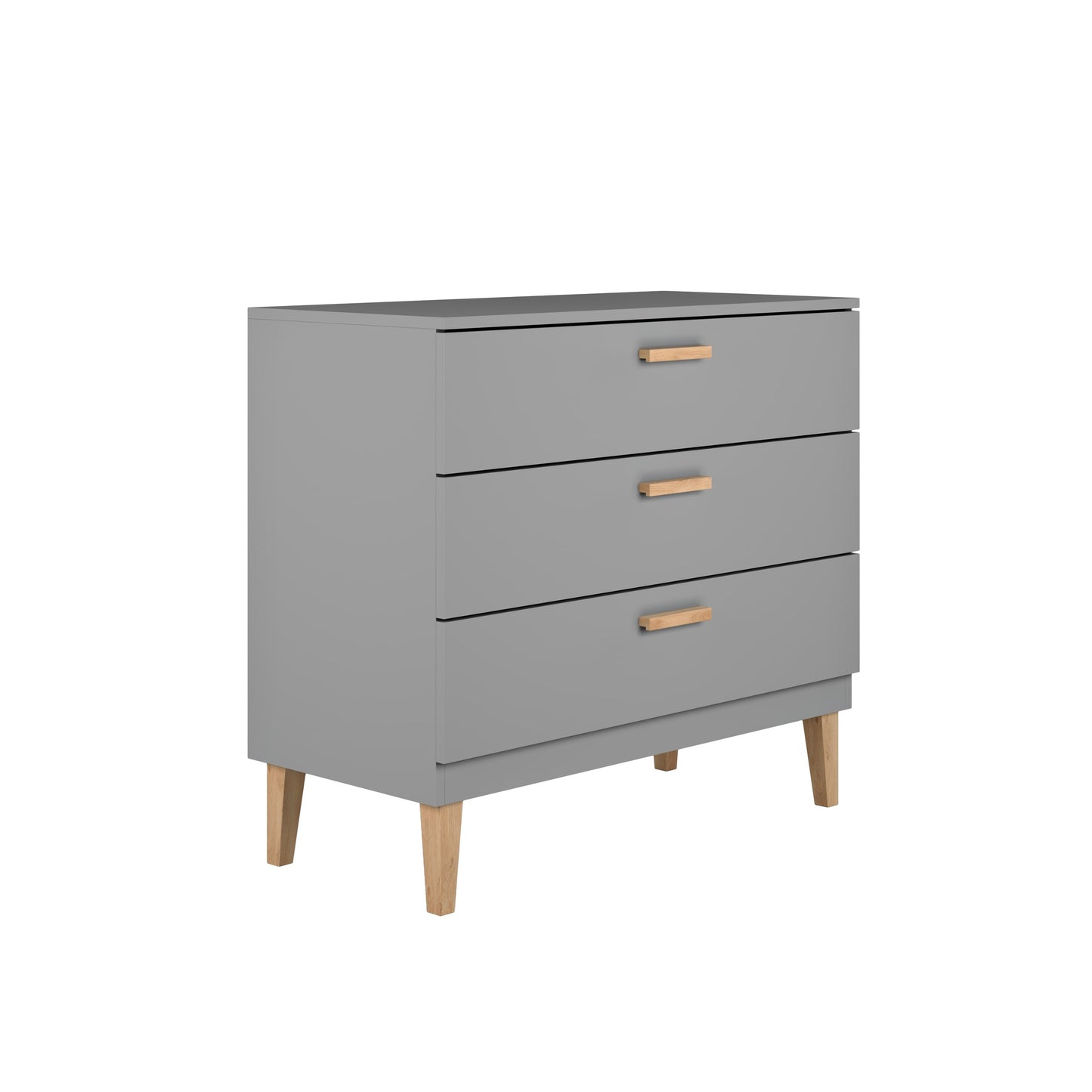 Kubi grey dresser angled side view displaying three full-extension drawers with oak details