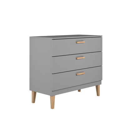Kubi grey dresser angled side view displaying three full-extension drawers with oak details