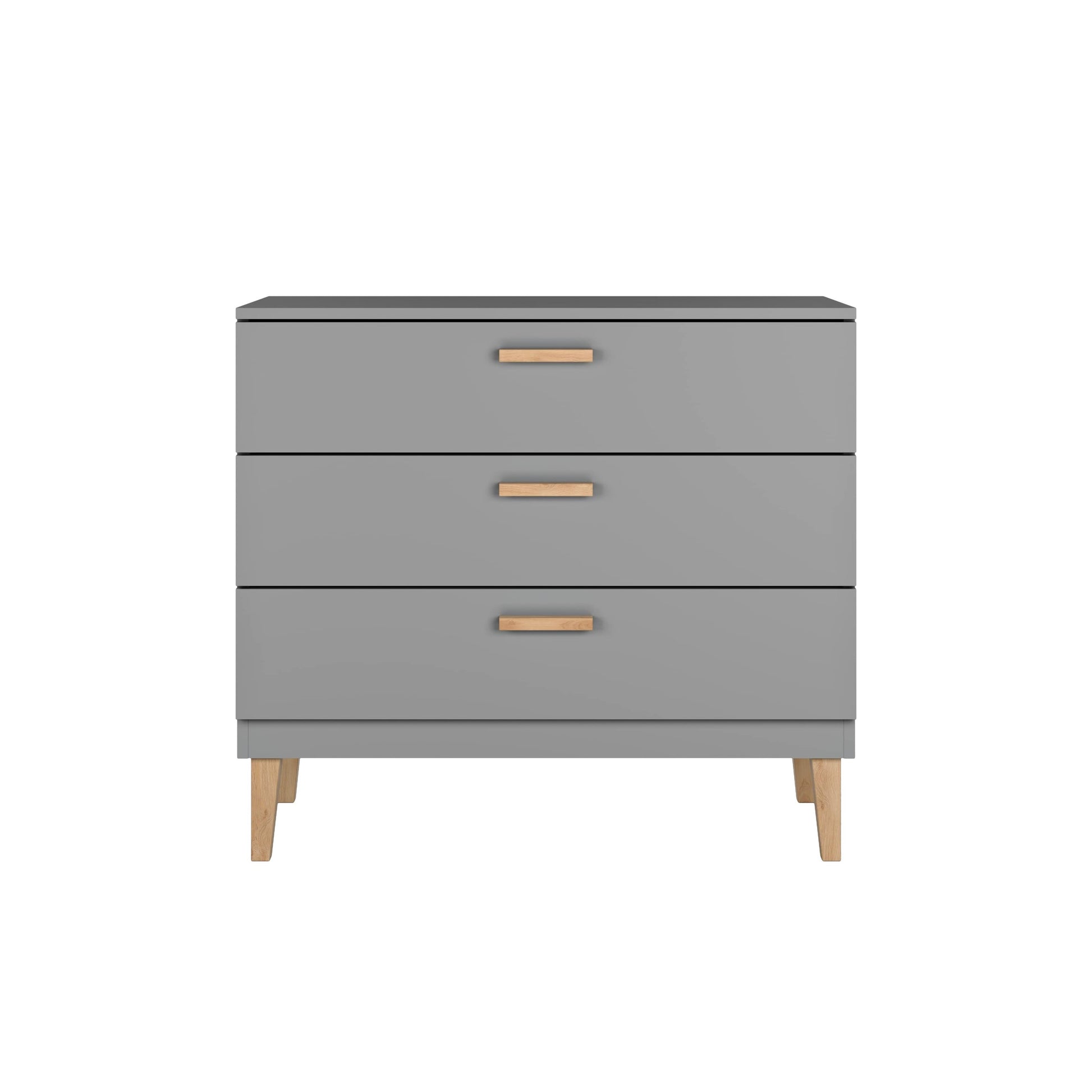 Kubi grey three-drawer chest with oak legs and handles, front perspective view
