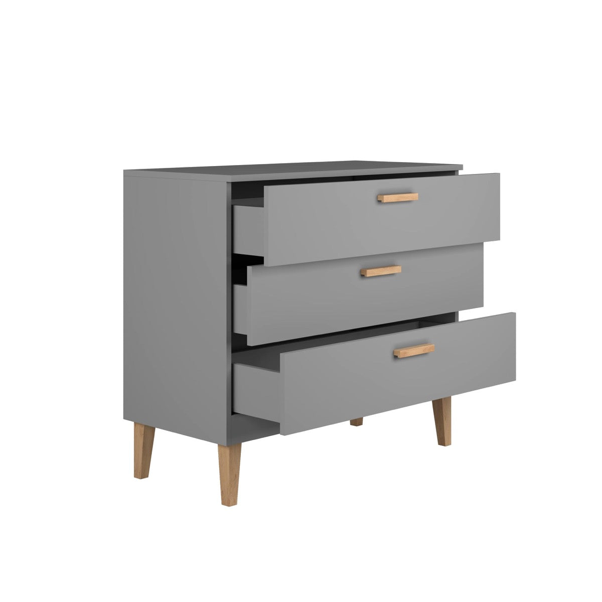 Kubi chest of drawers with all three drawers fully extended showing storage capacity