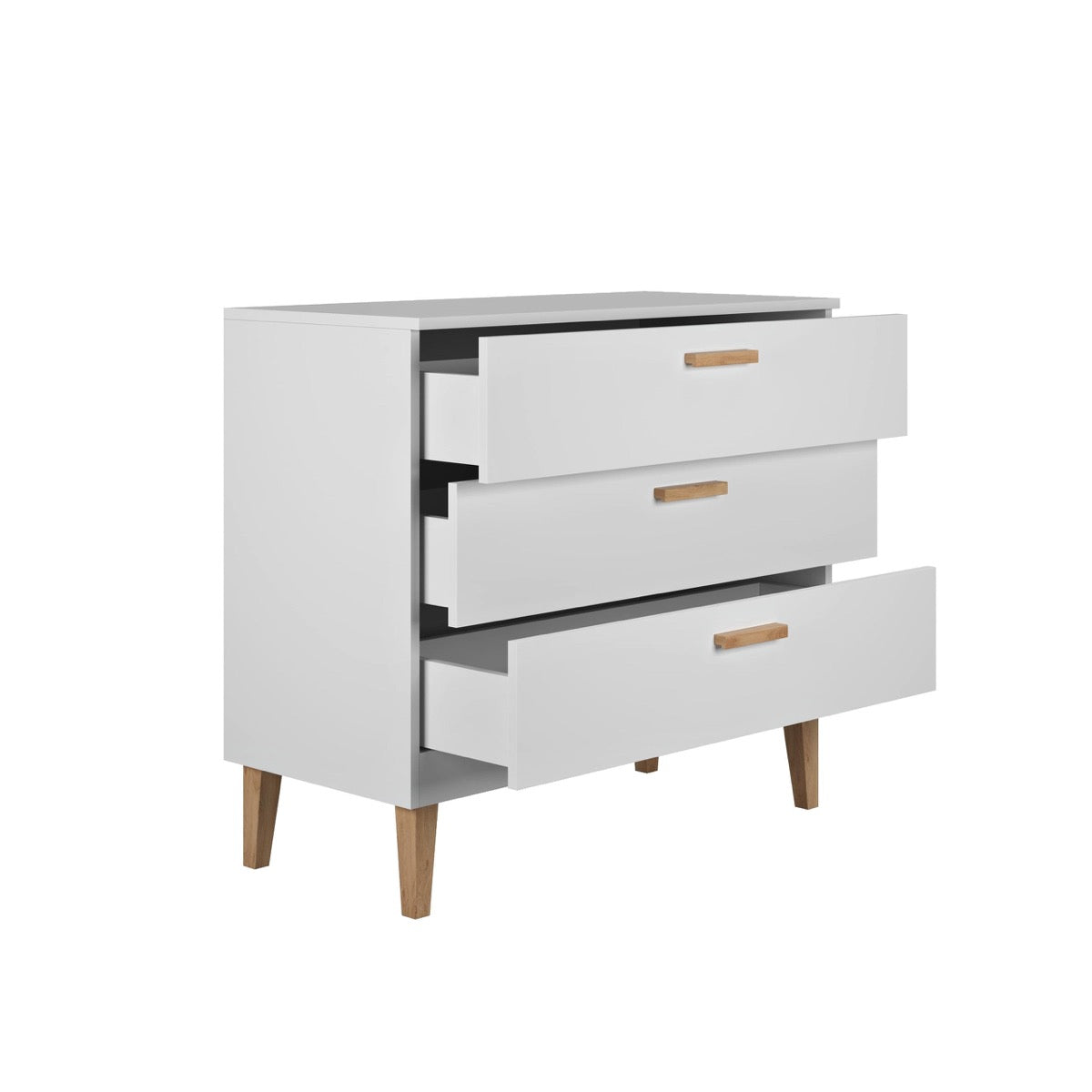 Kubi white dresser with three drawers open showing full extension and oak leg details