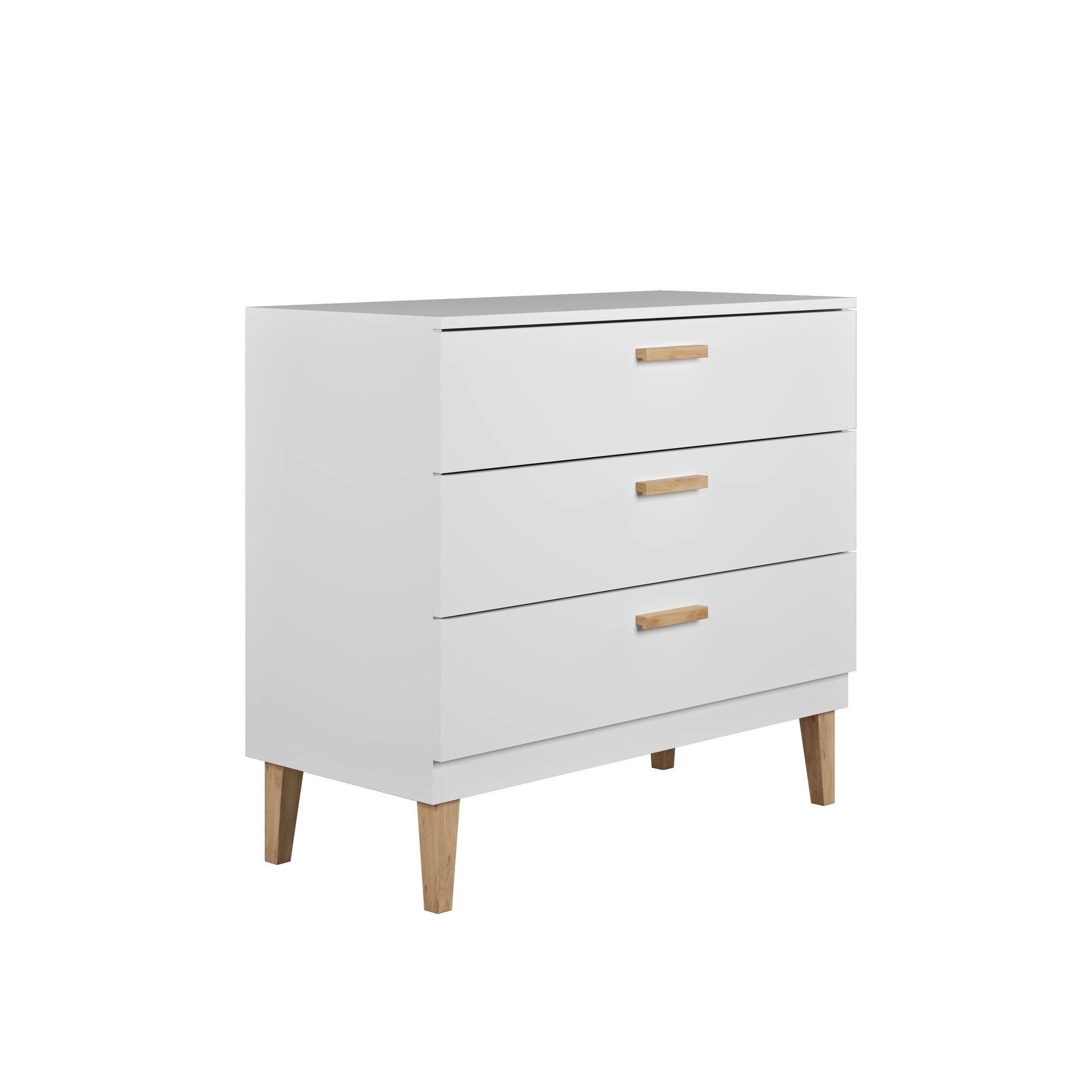 Front view of white Kubi dresser with three drawers and natural oak legs