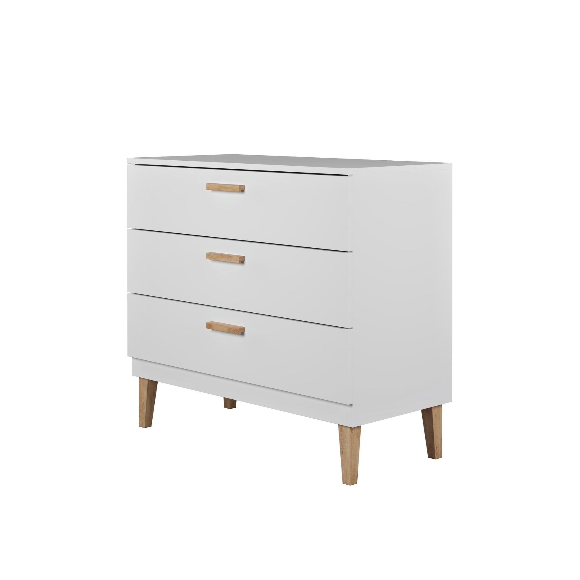 Side angle view of white Kubi chest with three soft-close drawers and oak handles