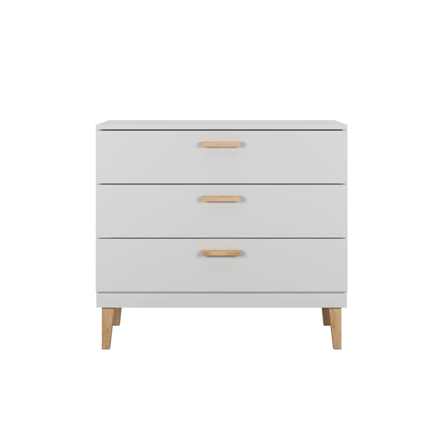 Top-down view of white Kubi dresser displaying three drawers with tan wood handles