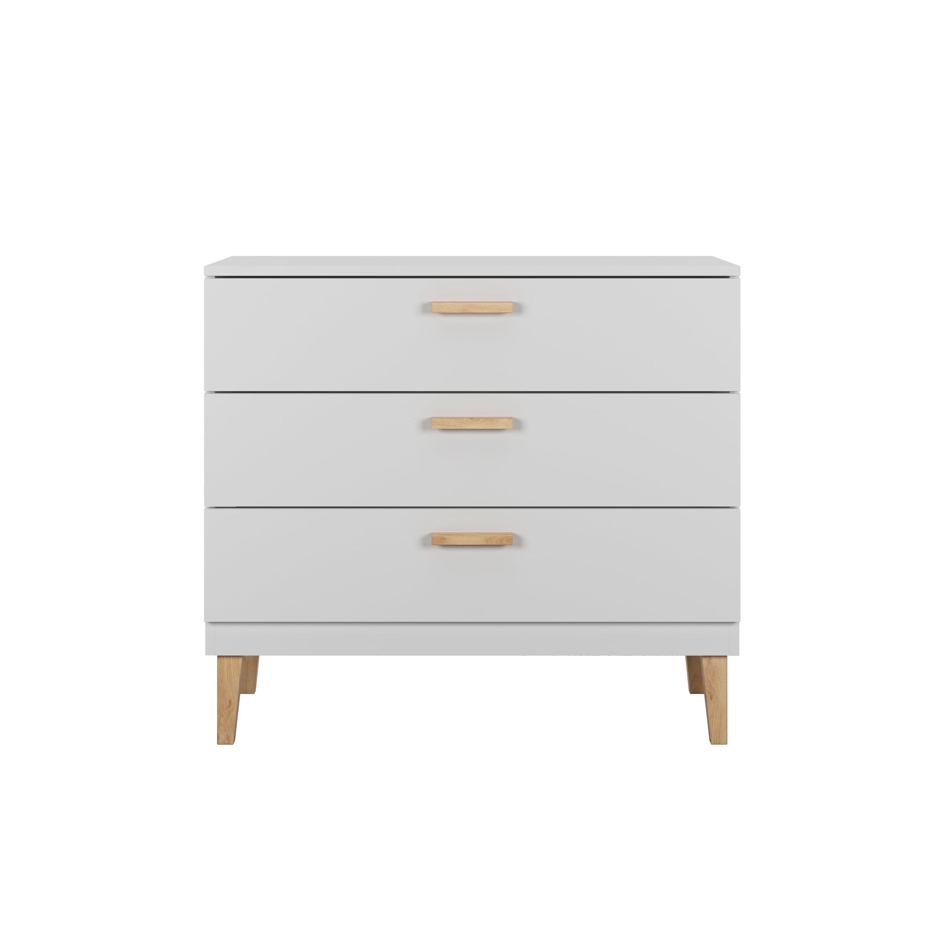 Top-down view of white Kubi dresser displaying three drawers with tan wood handles