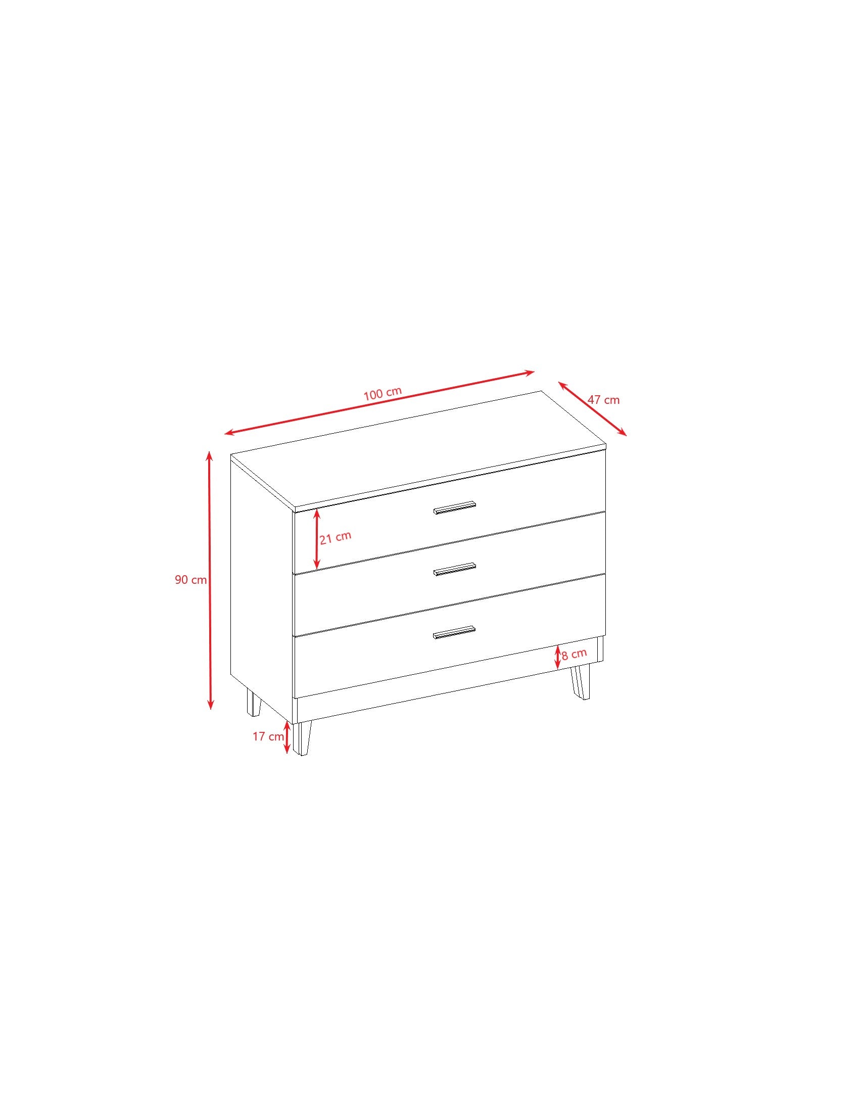 Kubi chest of drawers dimension diagram with measurements in centimetres and width depth height