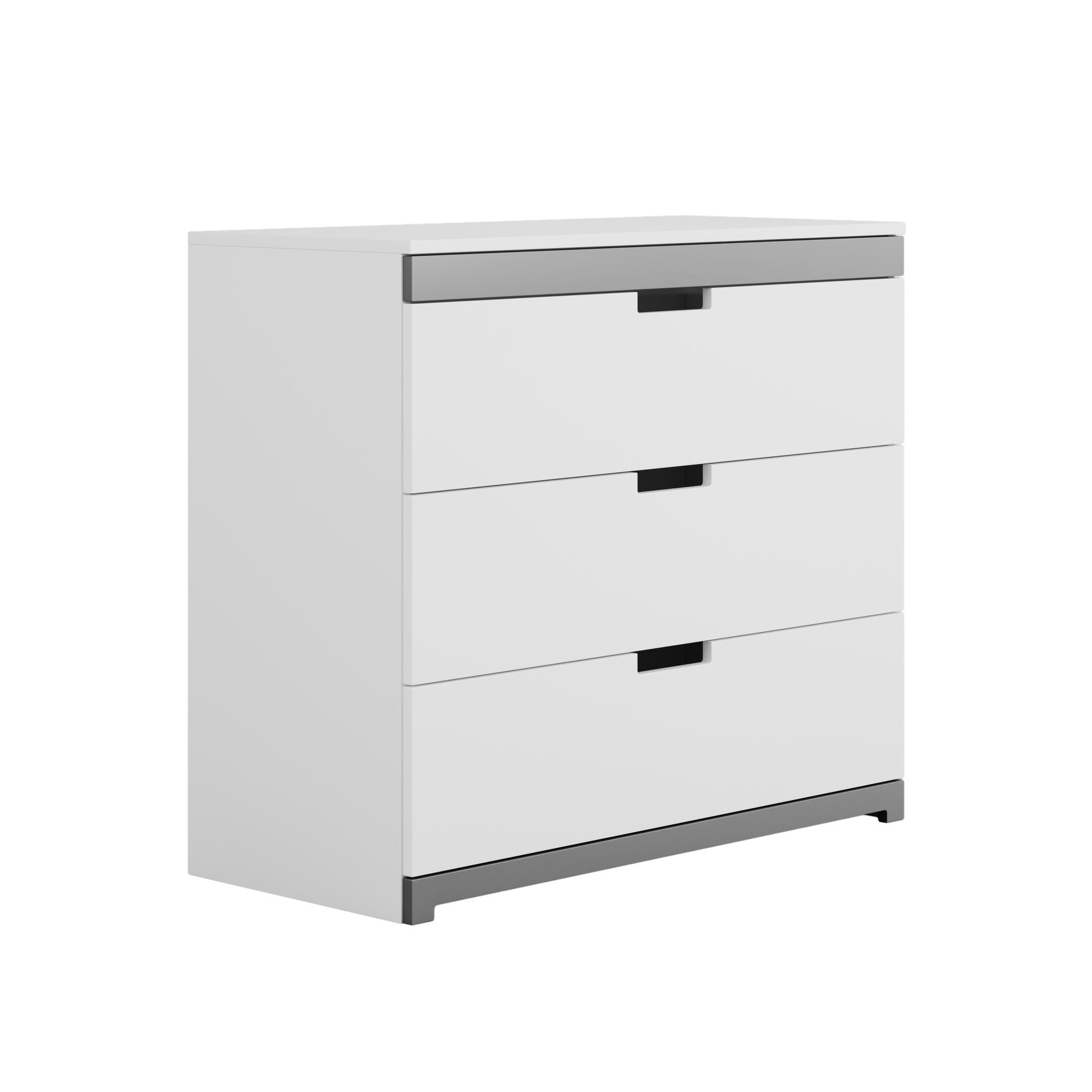 Tomi 3-drawer chest of drawers angled front view with grey top trim and black handles