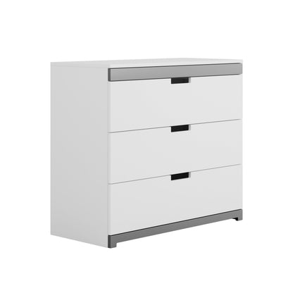Tomi 3-drawer chest of drawers angled front view with grey top trim and black handles