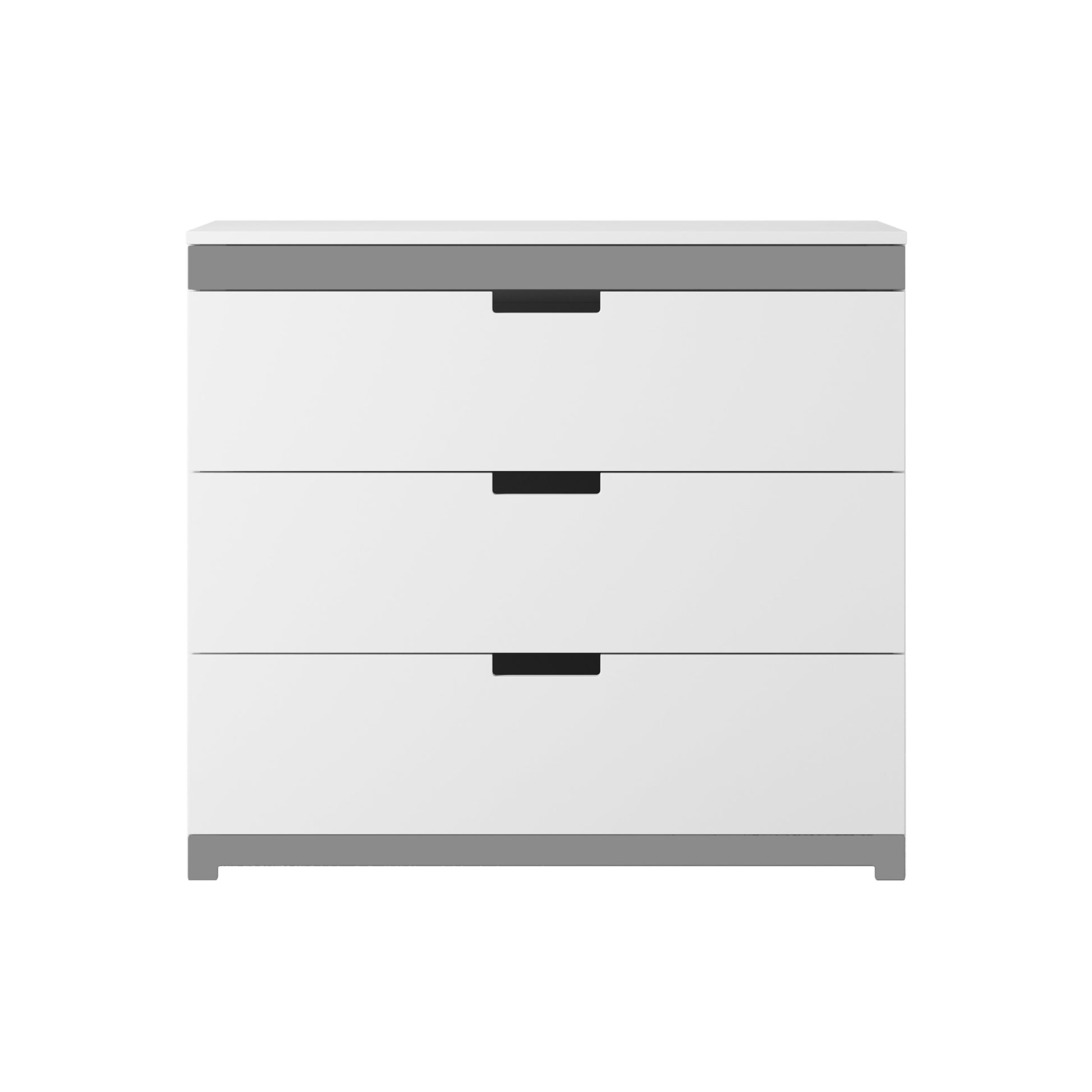 Tomi white chest of drawers front view showing three drawers with grey base and top trim