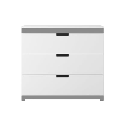 Tomi white chest of drawers front view showing three drawers with grey base and top trim