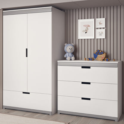 White Tomi chest of drawers styled in modern youth bedroom with wardrobe and accessories