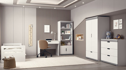 Tomi chest of drawers in contemporary bedroom set with desk, shelving and wardrobe