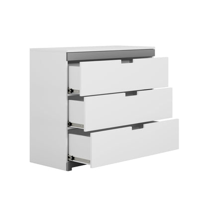 Tomi chest of drawers with all three drawers open showing storage capacity and rails