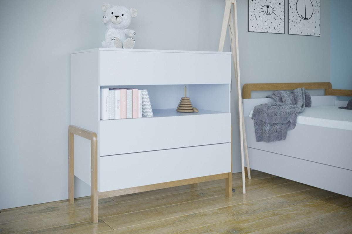 Victor children's chest of drawers with three drawers and open shelf compartment in bedroom