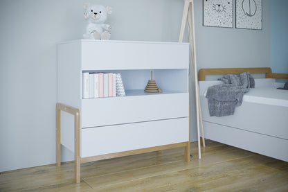 Victor children's chest of drawers with three drawers and open shelf compartment in bedroom