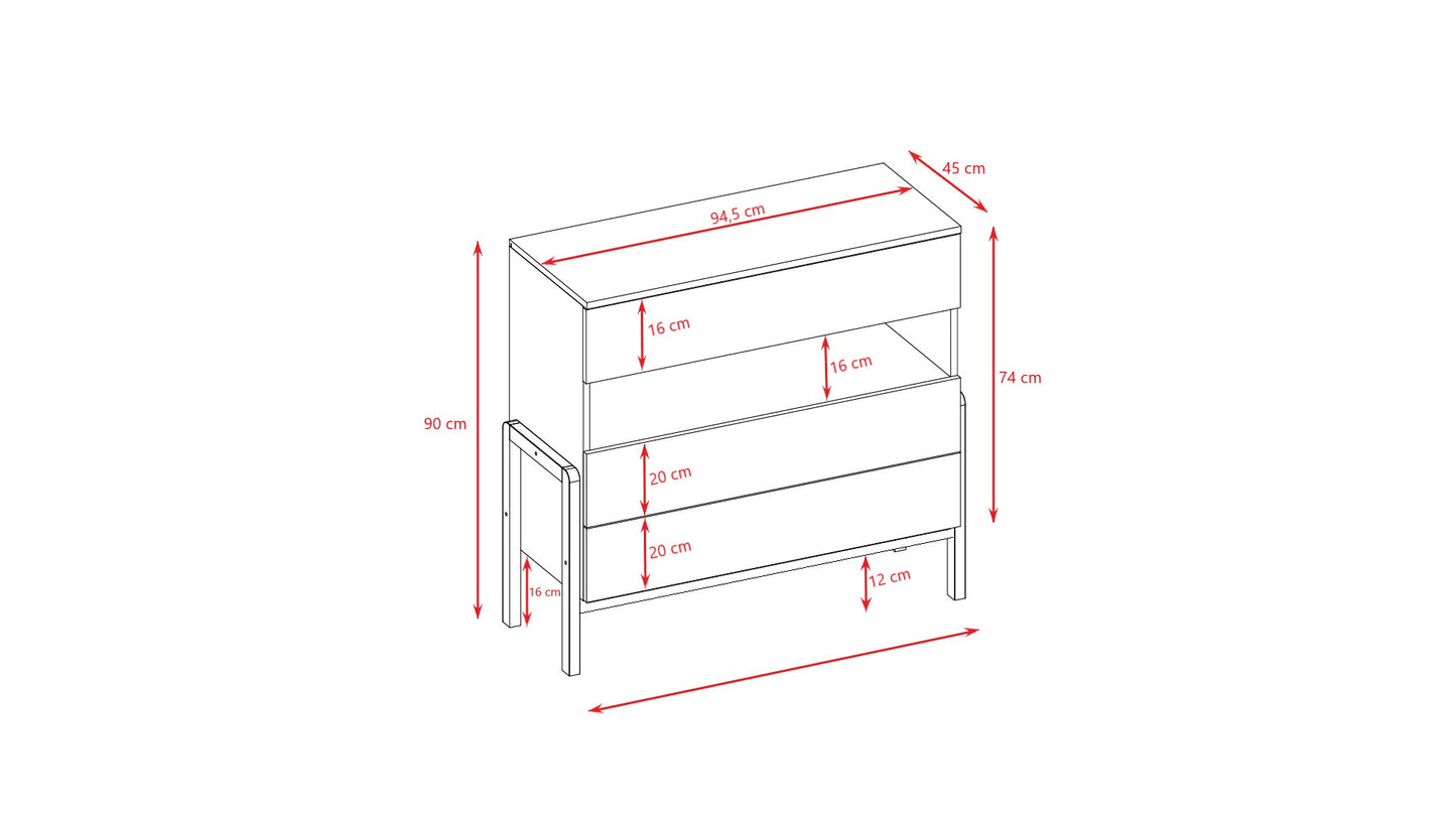 Dimension diagram of Kocot Kids Victor chest showing measurements and drawer layout