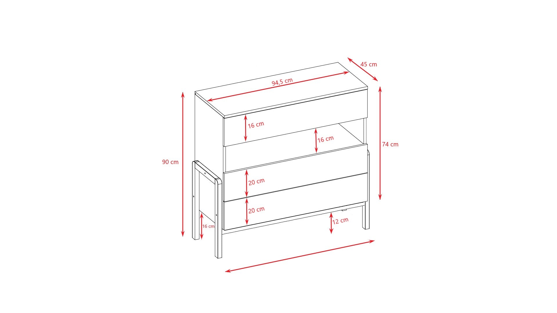 Dimension diagram of Kocot Kids Victor chest showing measurements and drawer layout