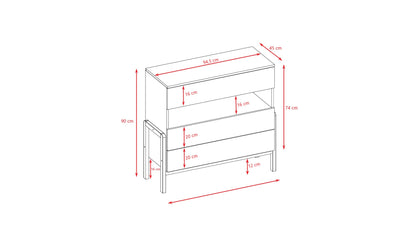 Dimension diagram of Kocot Kids Victor chest showing measurements and drawer layout