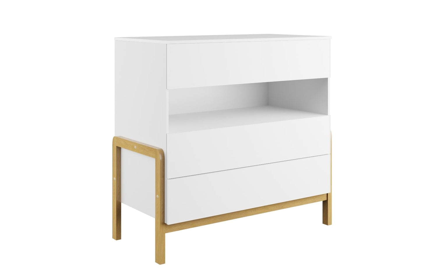 Front angled view of white chest of drawers with natural oak legs and open shelf storage