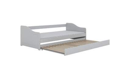 Gray children's bed with wooden slat support and pull-out drawer bed extended