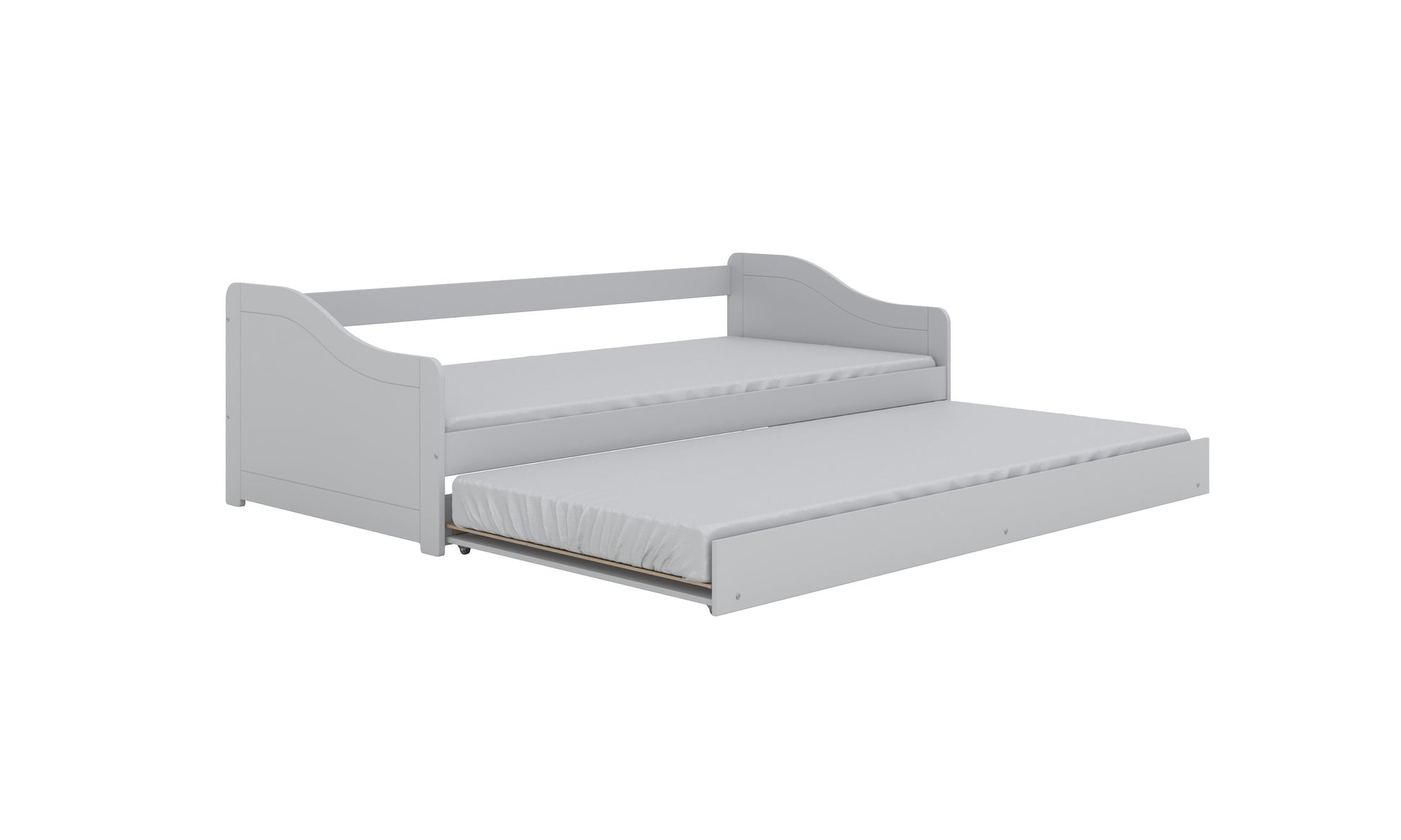 Gray Blanka bed showing pull-out drawer with mattress extended underneath main bed