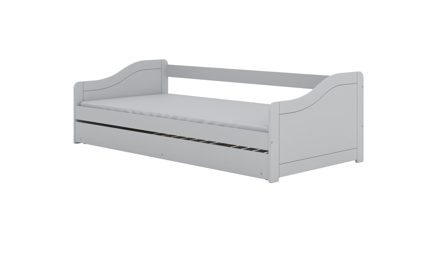 Gray children's bed frame with pull-out drawer partially extended, side view angle