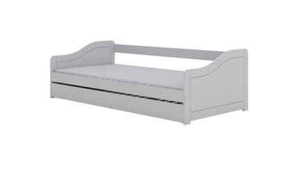Gray children's bed frame with pull-out drawer partially extended, side view angle