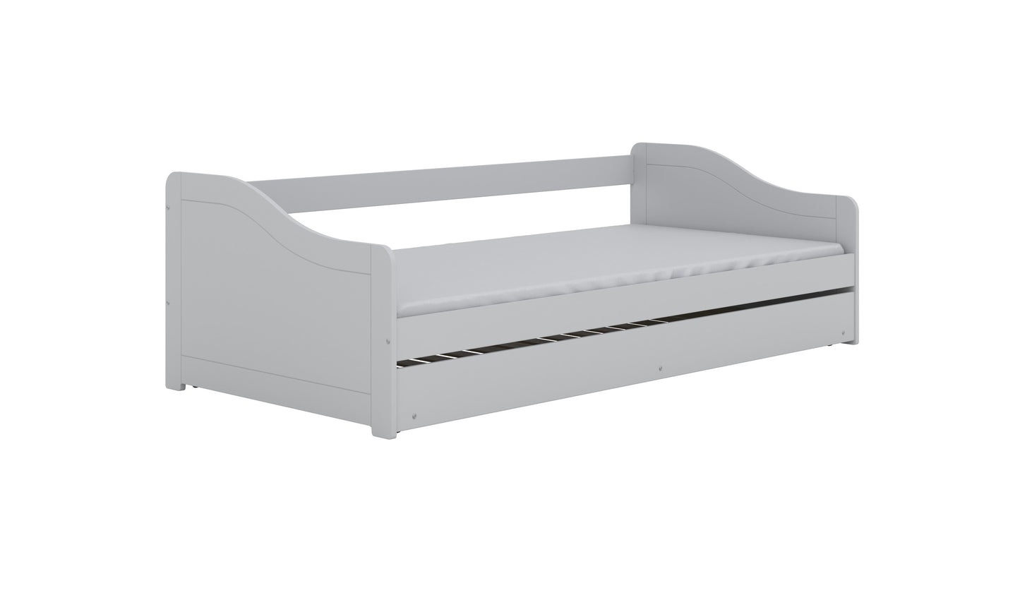Gray Blanka bed showing pull-out drawer storage bed with safety rails, front view