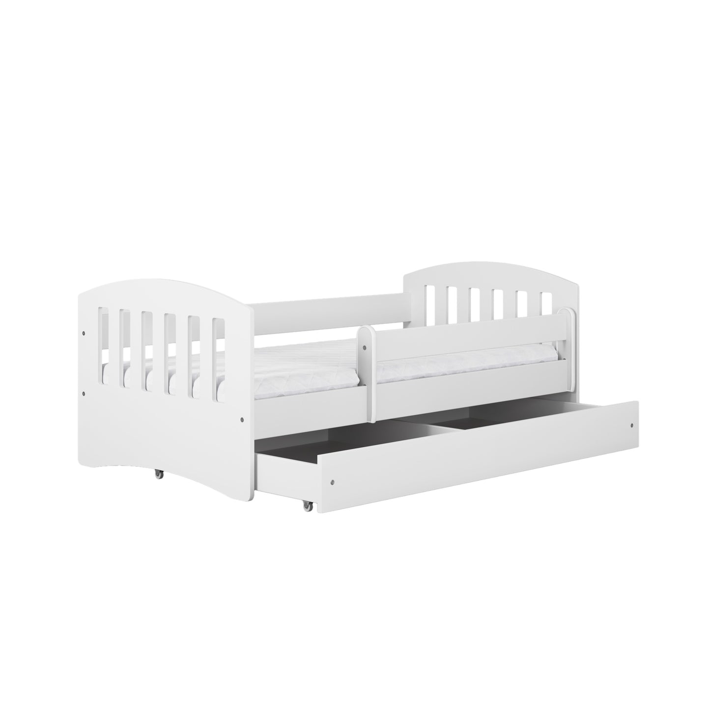 White kids bed with pull-out trundle drawer and protective guardrails, angled view