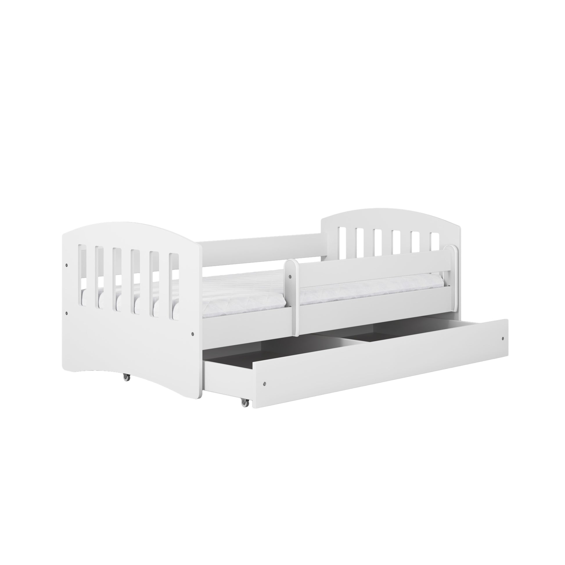 White kids bed with pull-out trundle drawer and protective guardrails, angled view