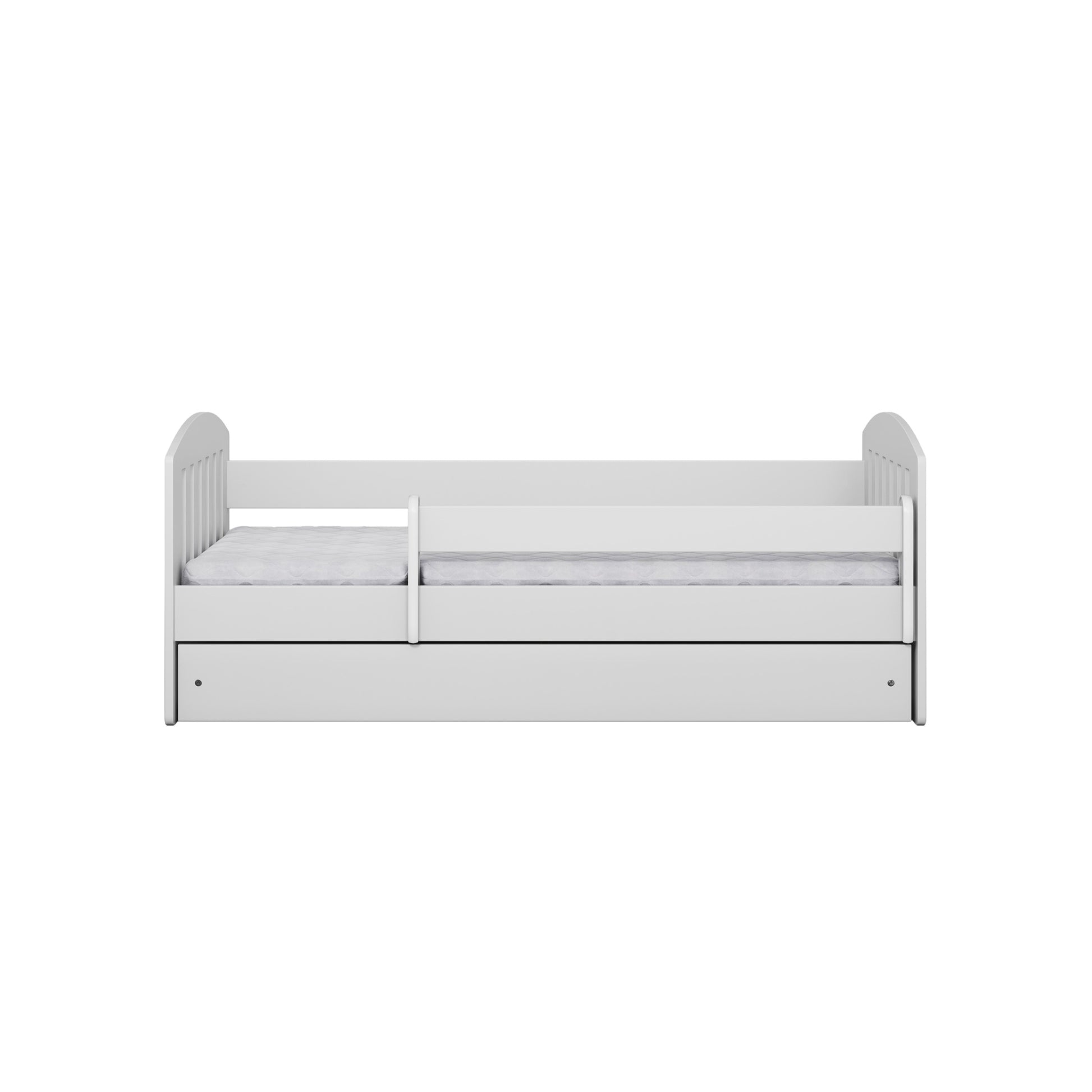 Top-down view of white children's bed frame with guardrails and storage drawer