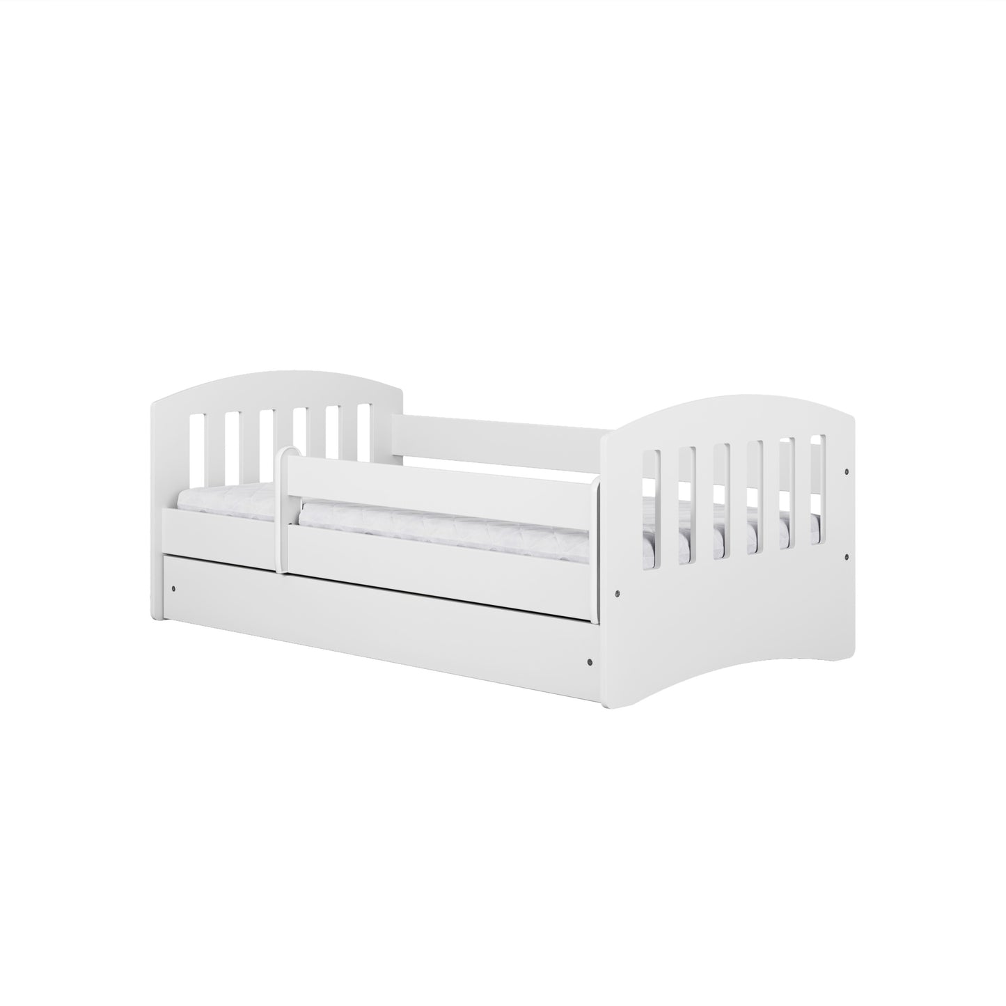 White kids bed with curved headboard, guardrail and rolling trundle drawer