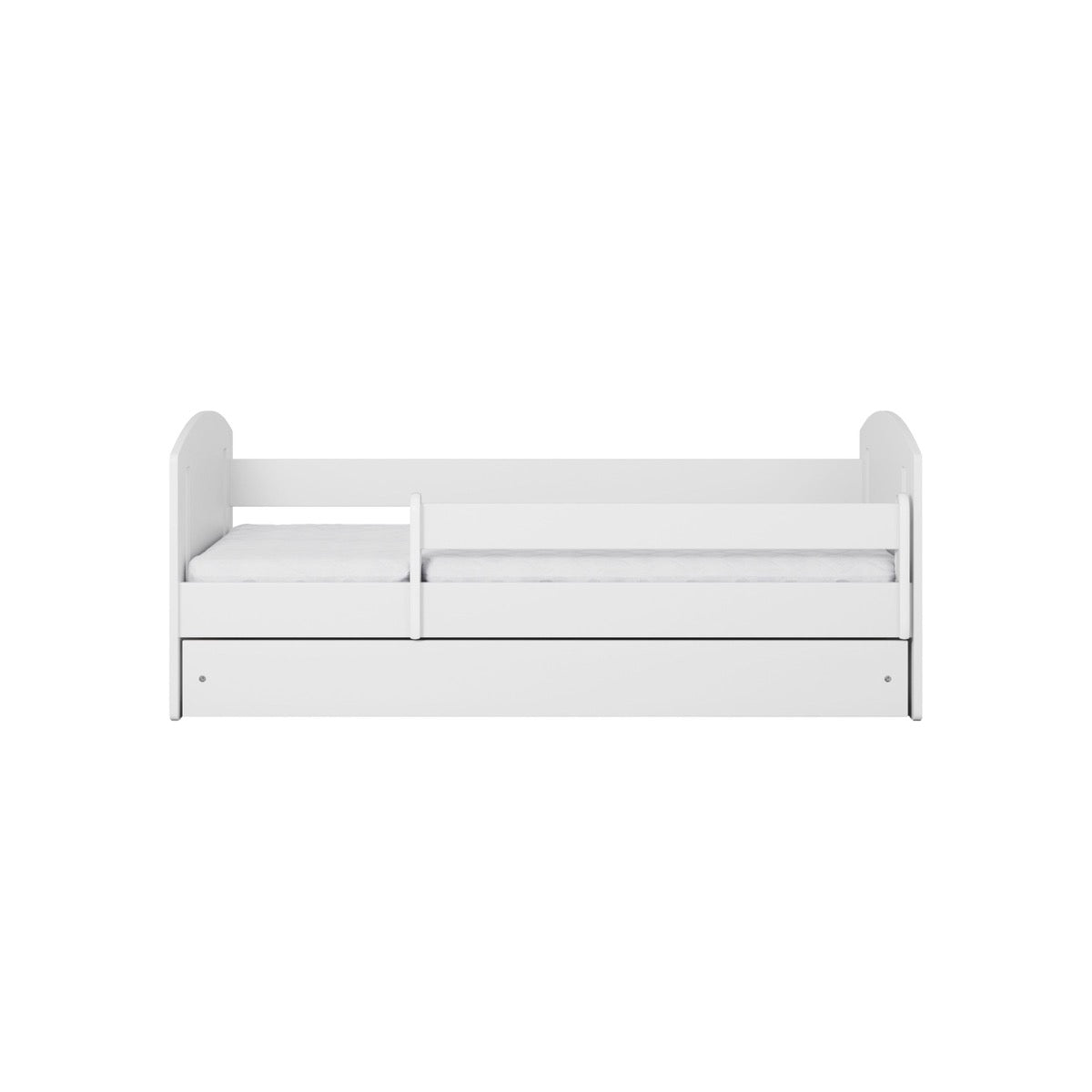 White Classic 2 children's bed front view with safety rails and storage