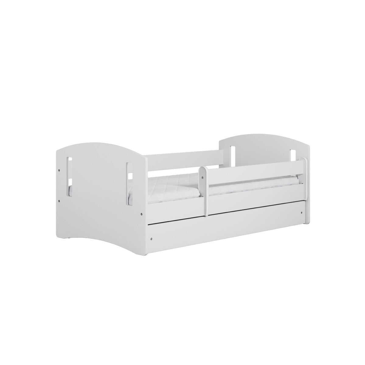 White children's bed side view showing safety rail design and drawer storage