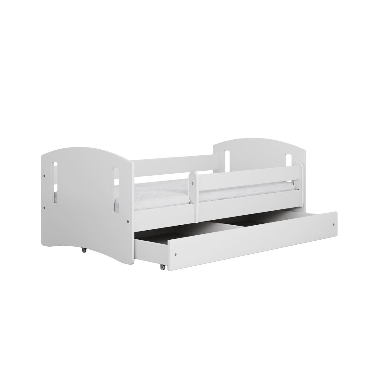 White children's bed with pull-out storage drawer and rounded safety edges