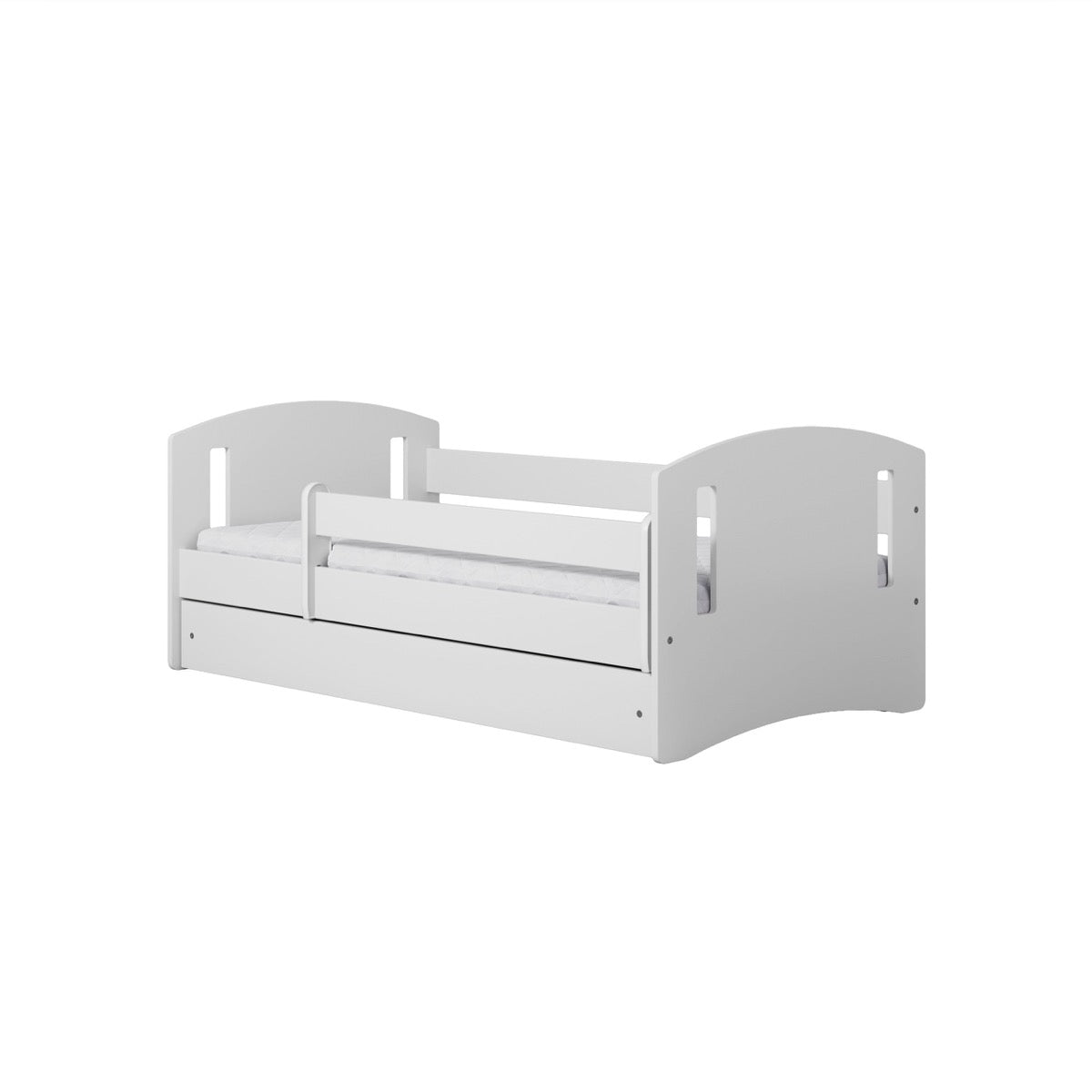 White toddler bed with curved headboard, safety rails and storage drawer