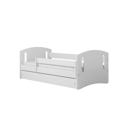 White toddler bed with curved headboard, safety rails and storage drawer