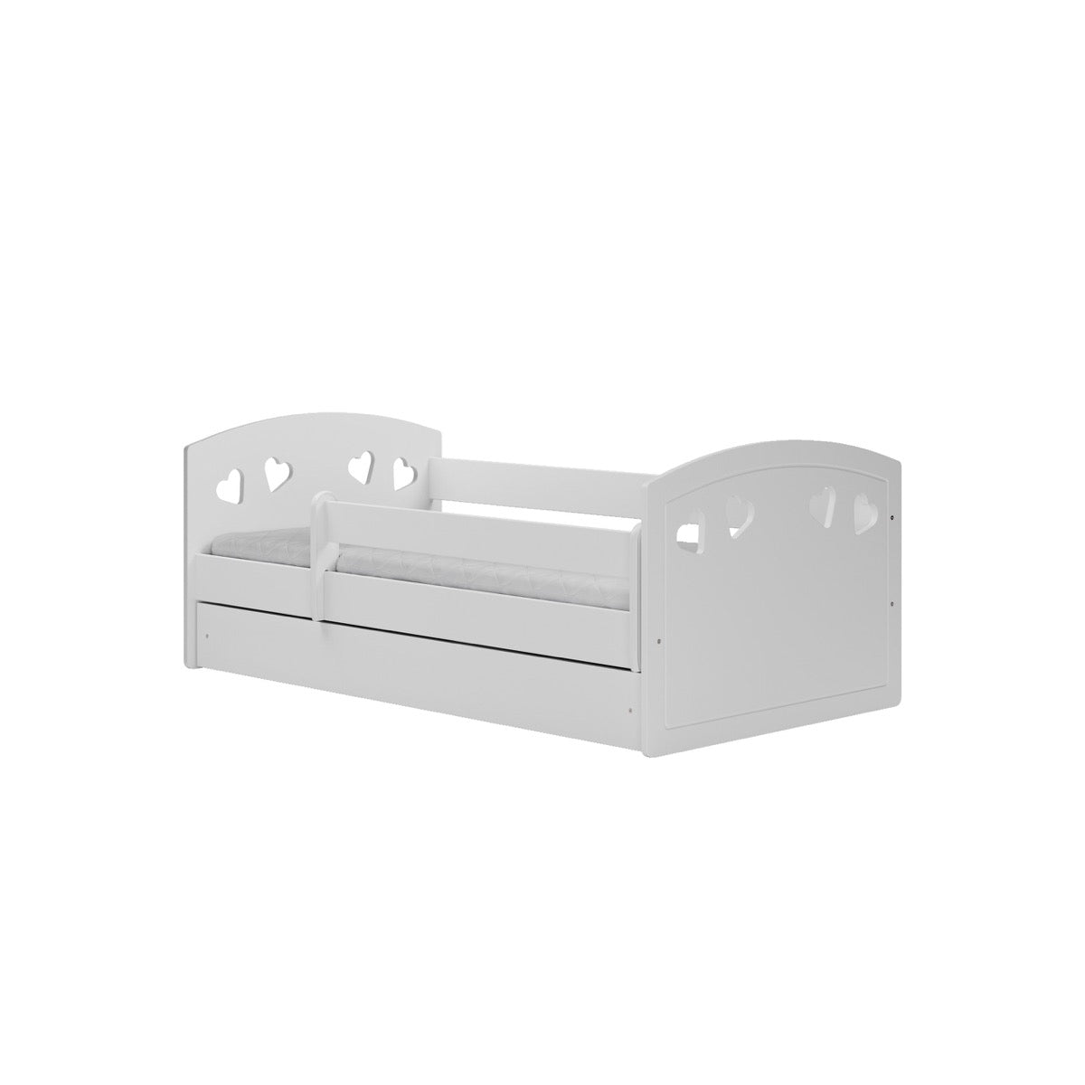 White Julia toddler bed with decorative heart-shaped cutouts on headboard and footboard