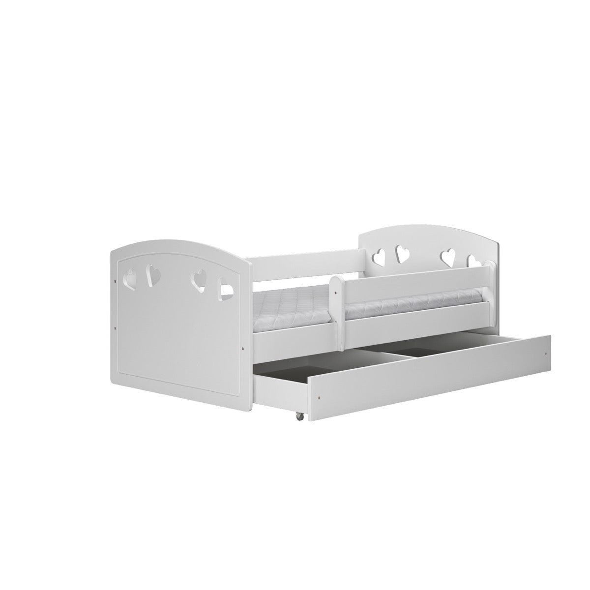 Julia children's bed with pull-out trundle drawer and heart cutout details on sides