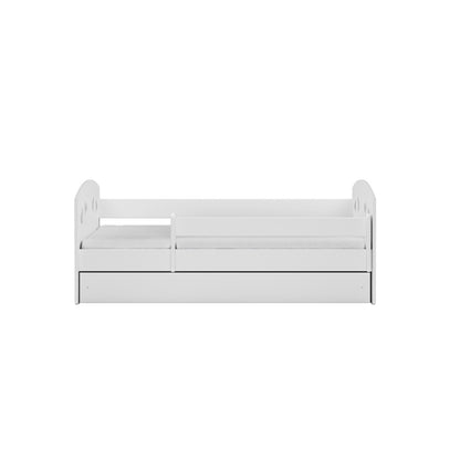 White Julia bed front view with rounded headboard, heart cutouts, and storage drawer