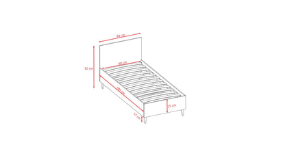 Kubi bed dimensions diagram with measurements for sleeping surface and frame height