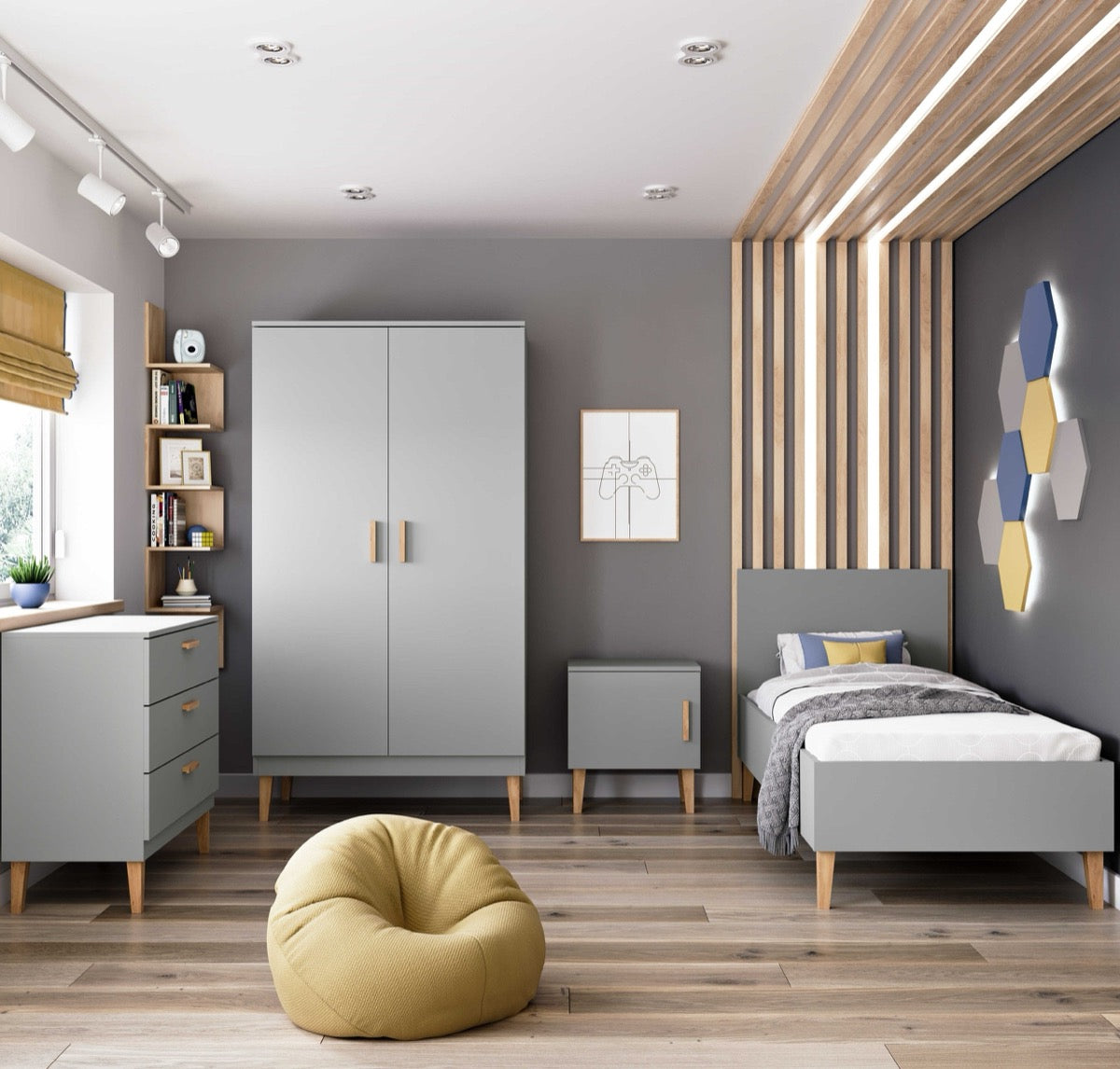 Grey Kubi kids bed in modern bedroom with matching grey furniture and wood accents