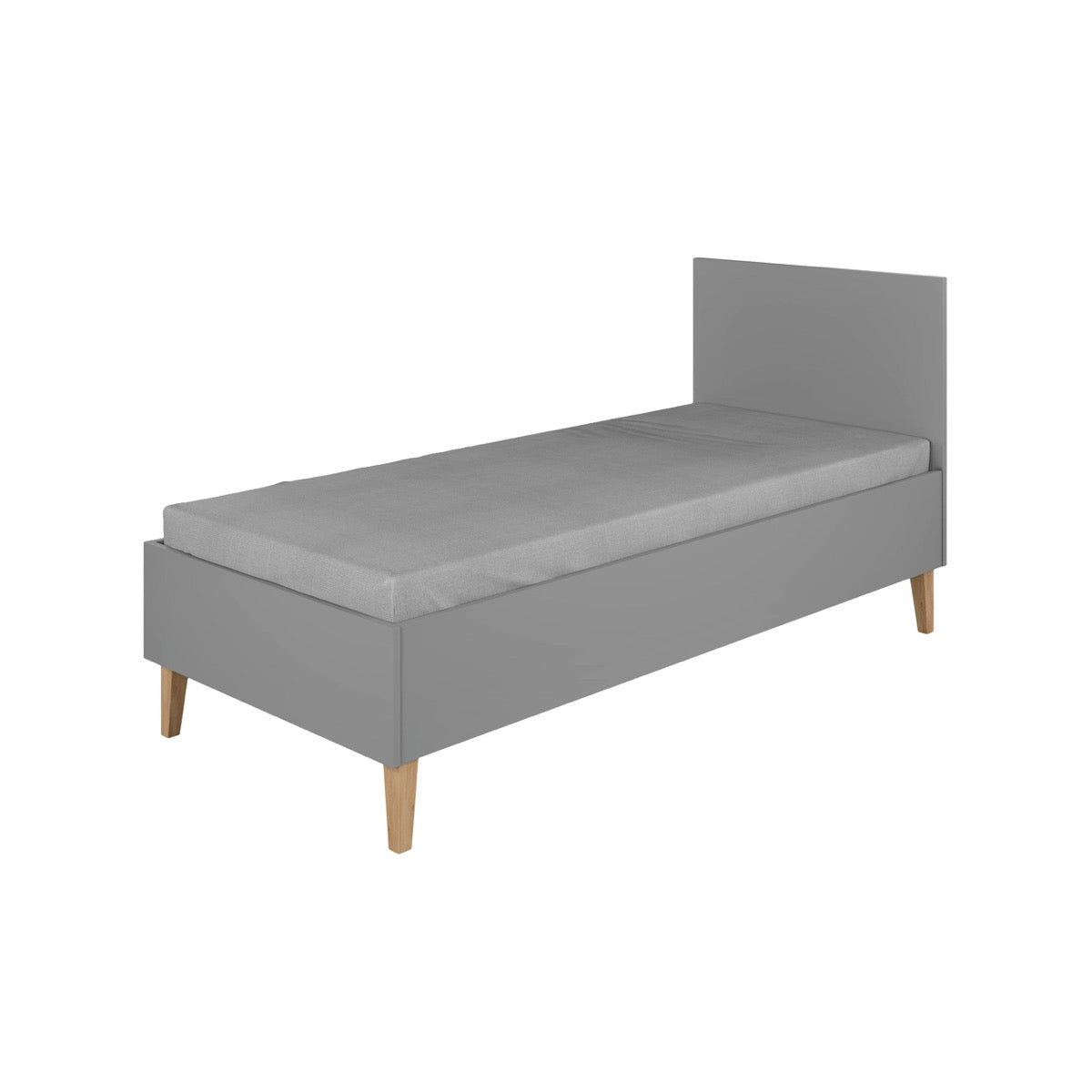 Grey Kubi children's bed with oak legs and headboard, front view product shot
