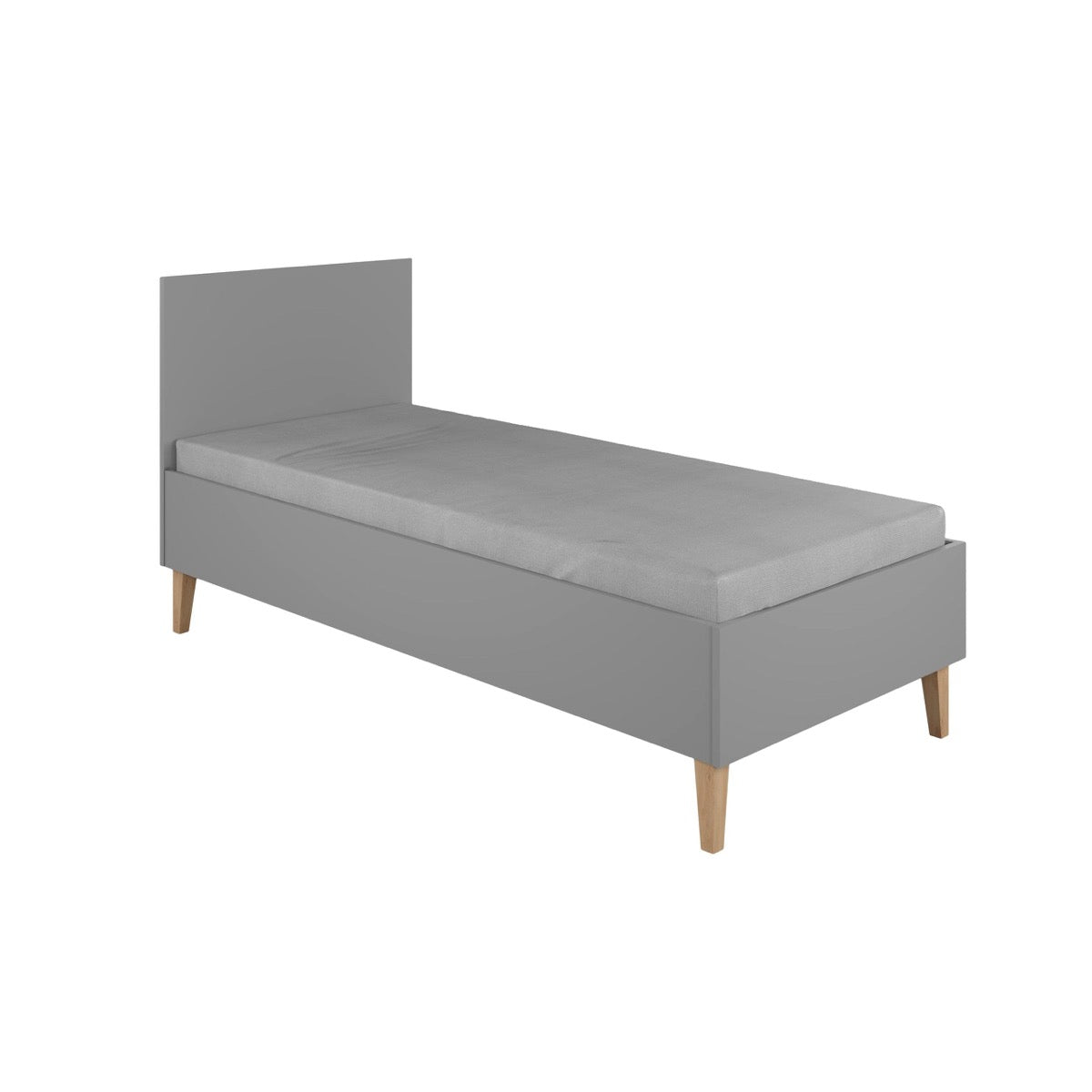 Grey Kubi kids bed angled view displaying headboard, birch slatted base and oak legs