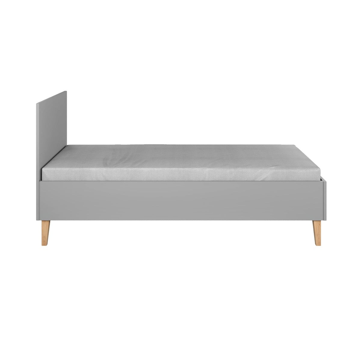 Grey Kubi children's bed side profile showing oak legs and low frame design