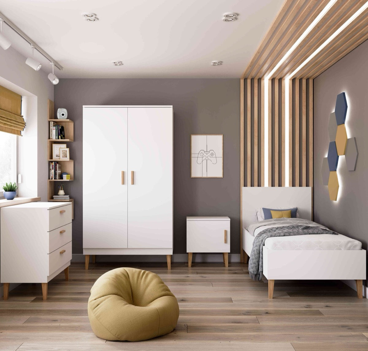 White Kubi bed in modern bedroom with oak-leg design and Scandinavian style