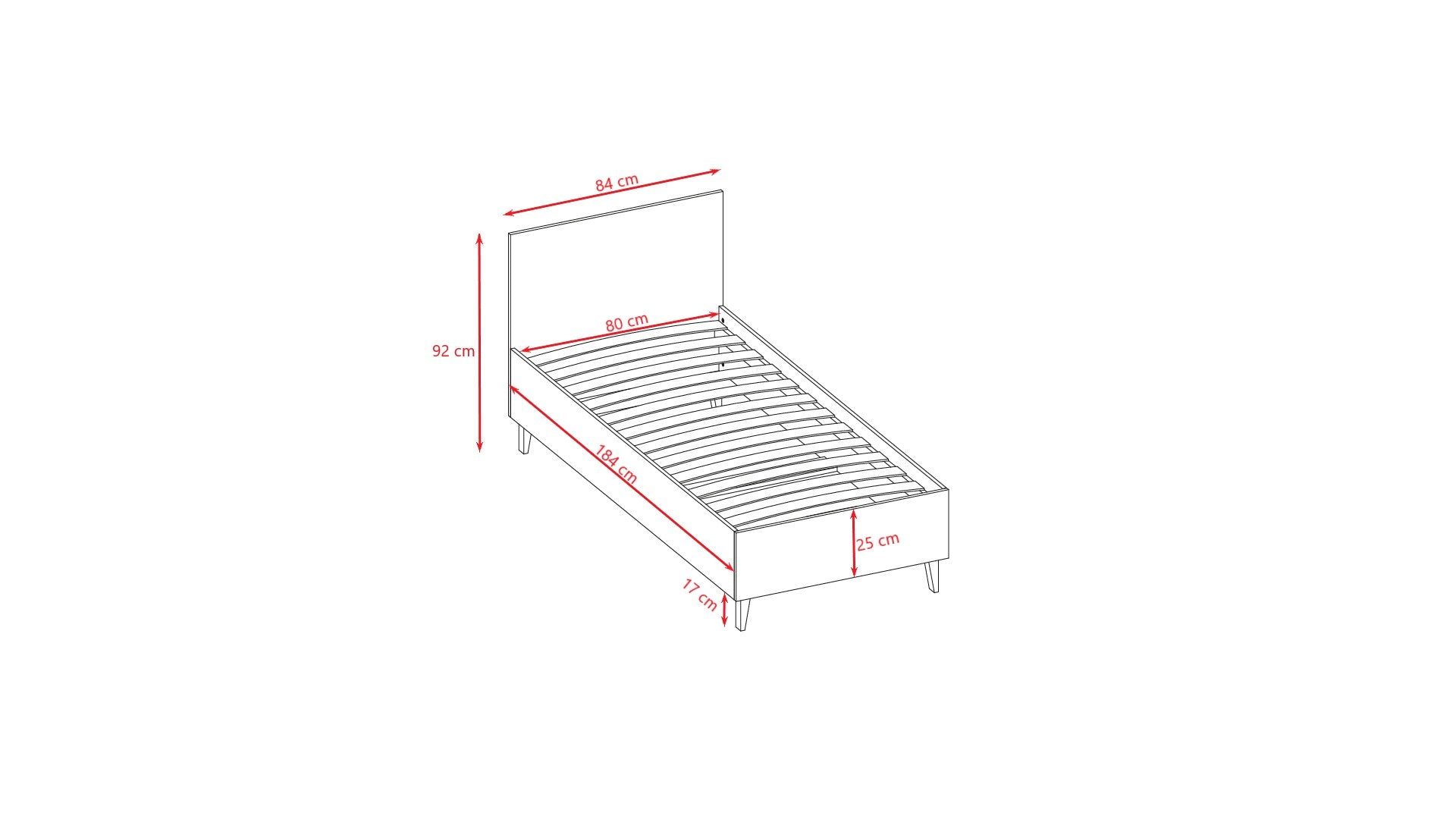 Kubi bed dimensions diagram showing measurements and slatted base