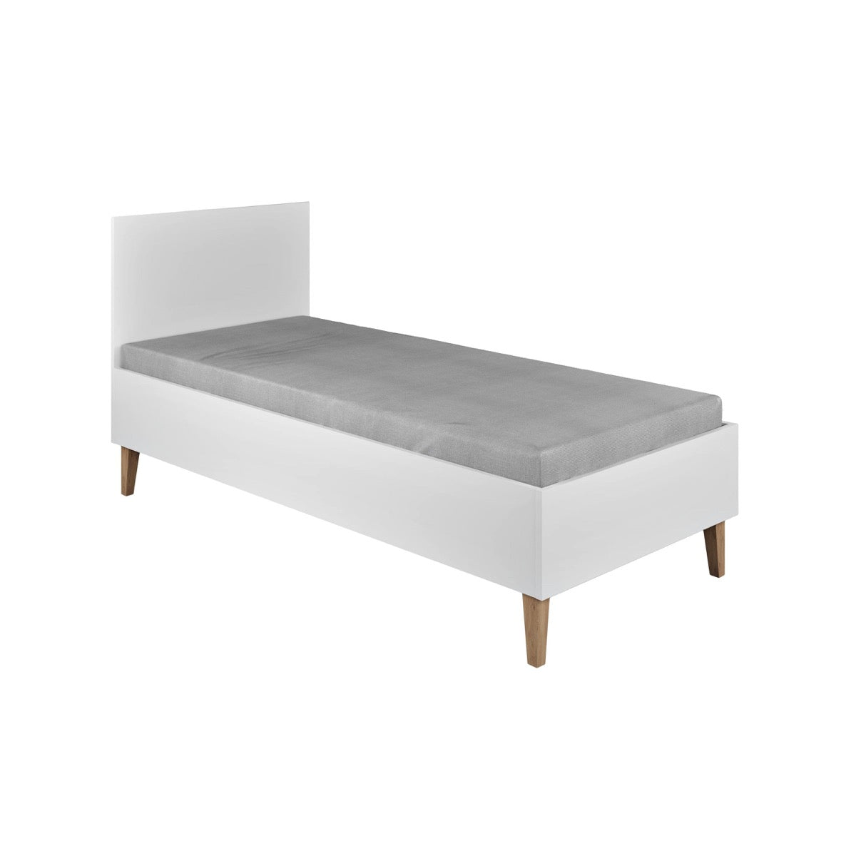 White Kubi children's bed front view with oak legs and gray mattress