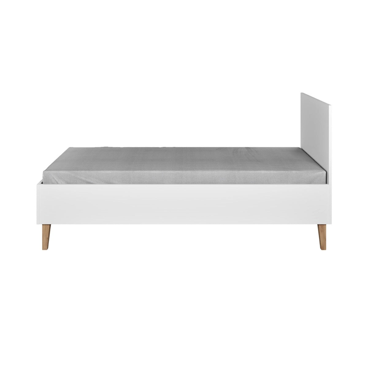 White Kubi children's bed side view showing oak legs and frame